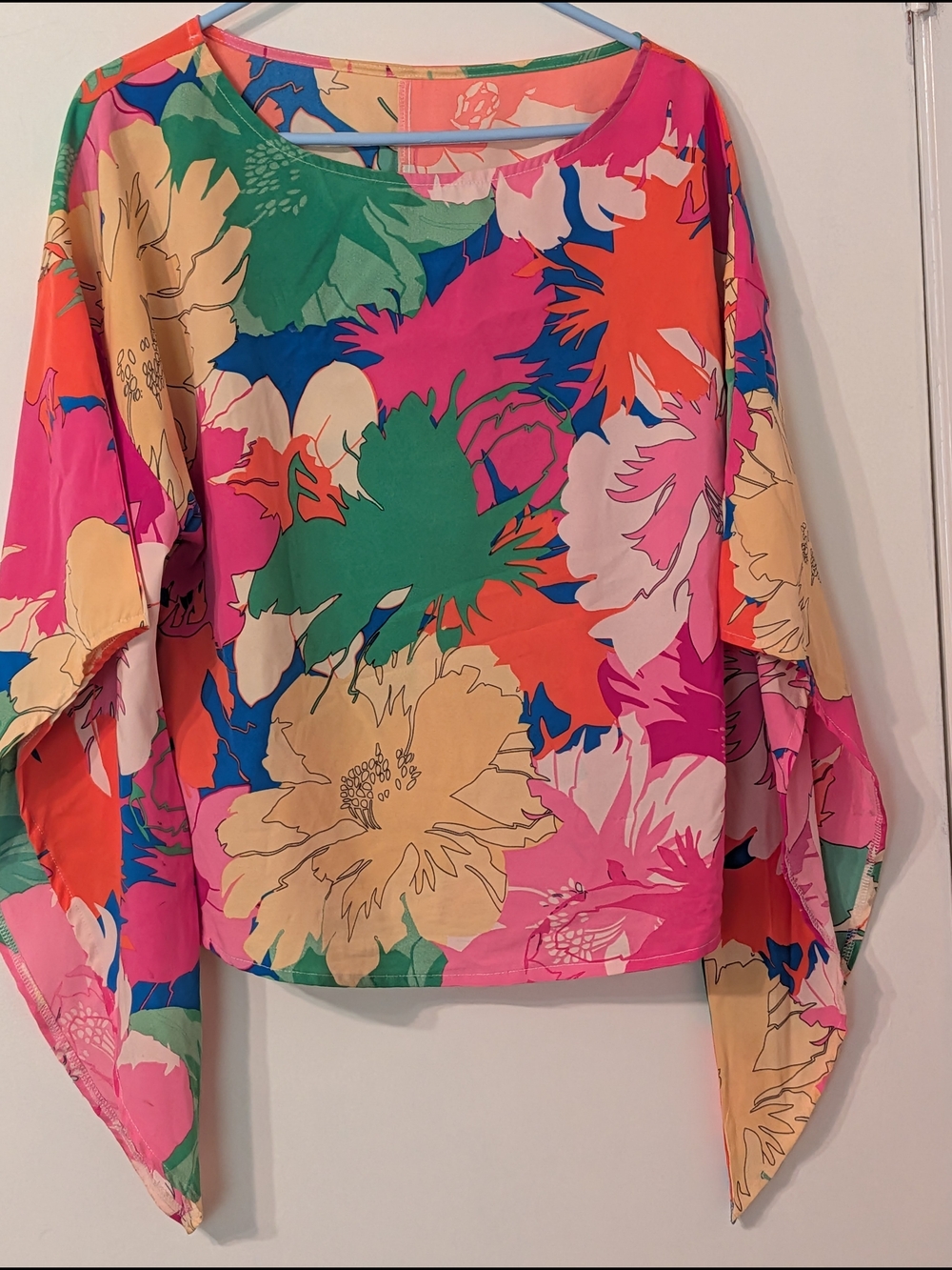 Vibrant Floral Boatneck Top in Pink, Green & Orange, Handkerchief Sleeves, S-M